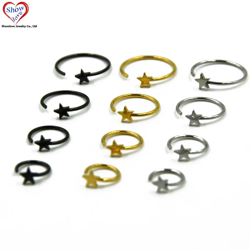 Showlove-4Pcs Star Nose Hoop Rings Mixed 6mm&8mm&10mm&12mm Ear CartilageTragus Piercing 20g Body Jewelry