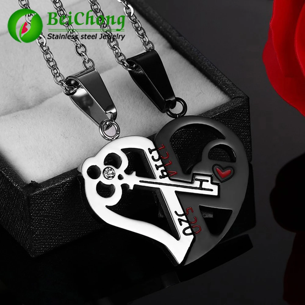 (10 pieces/lot) Key & Lock Necklace Pendant 1314520 Couple Lover Wedding Jewelry Stainless Steel Couple Heart Pendant Necklace