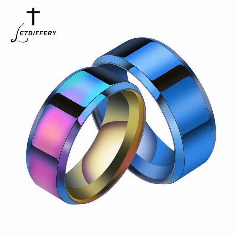 Letdiffery Simple 8mm Stainless Steel Women Men Rainbow Rings Blue Multi-Colors Wedding Rings