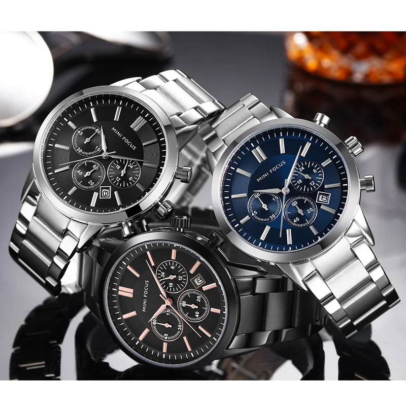 MINI FOCUS Men\'s Stainless Steel Dress Watches Chronograph Business Army Quartz Wristwatch Man Relogios Masculino Clock 0188G