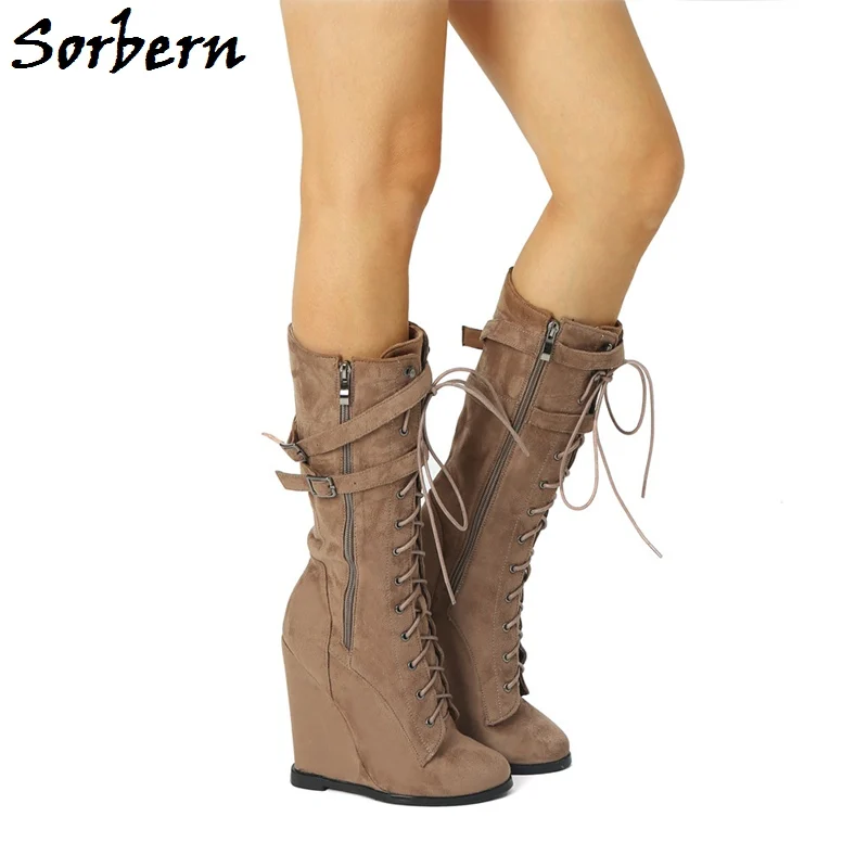 Sorbern Khaki Studded Zipper Ankle Boots Women Winter Shoes Wedges Stilettos Multi Buckle Straps Custom Color High Heels Boots