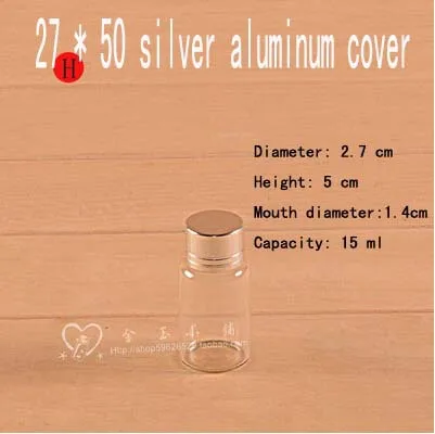 

Capacity 15ml (27*50mm) 200pcs/lot The new glass bottle with silvery aluminum cap , diameter 2.7 cm 5cm mouth diameter 1.4 cm