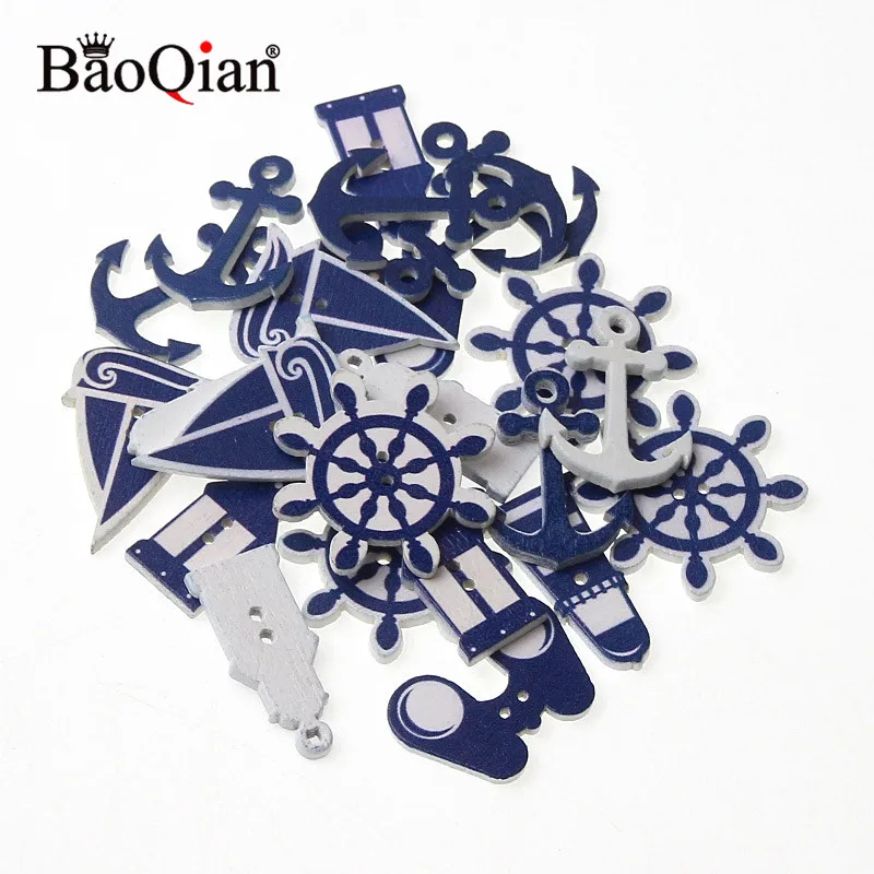 50PCS Mix 2 Hole Print Blue Navigation Wood Buttons Decorative Button DIY Buttons Scrapbooking Accessories