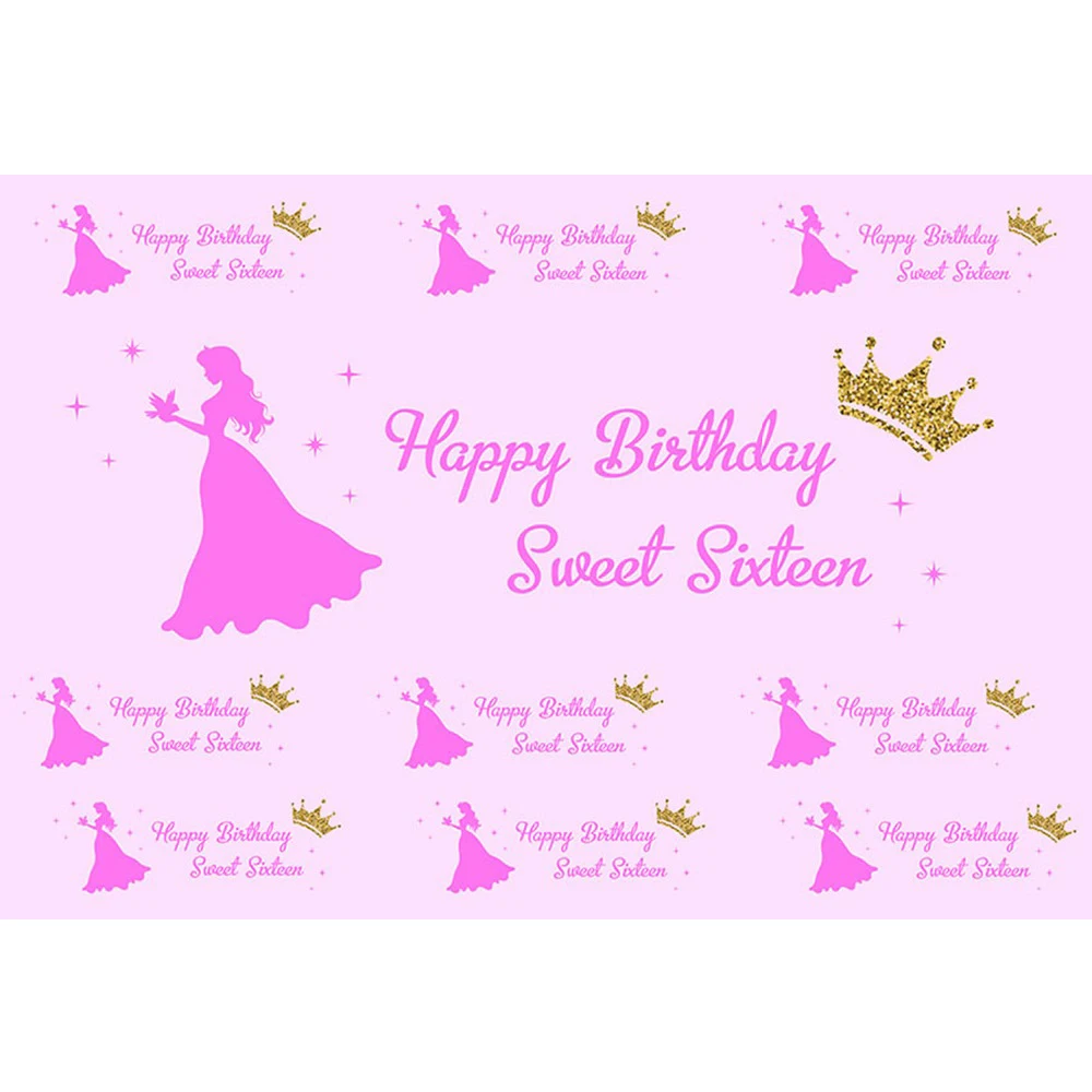 

Princess Girl's Sweet 16 Birthday Backdrop Light Pink Printed Gold Crowns Customized Texts Sixteen Party Photo Booth Background