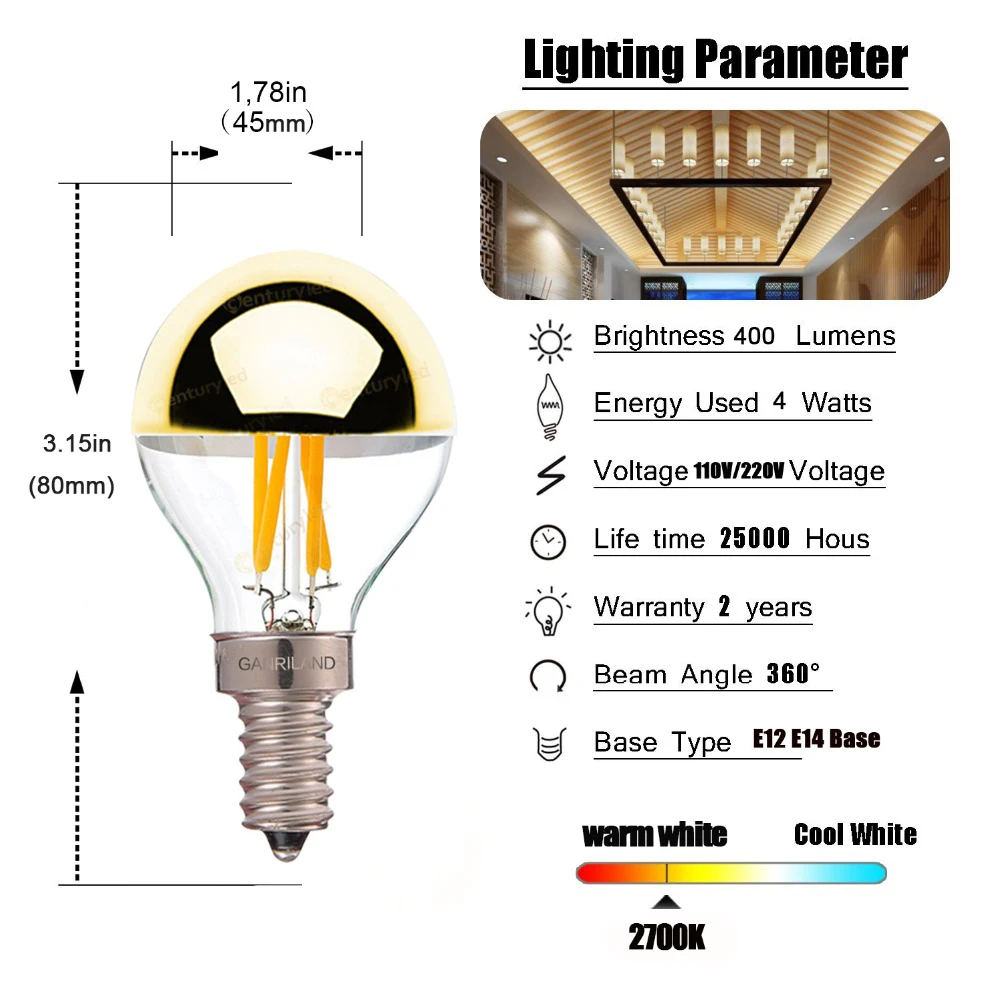 Ganriland G45 4 واط الذهب مرآة علوي ريترو مصباح بيضاوي Led اديسون لمبات الدافئة الأبيض 2700K E14 Led لمبات الشعيرة لمبة ضوء قابلة للخفت