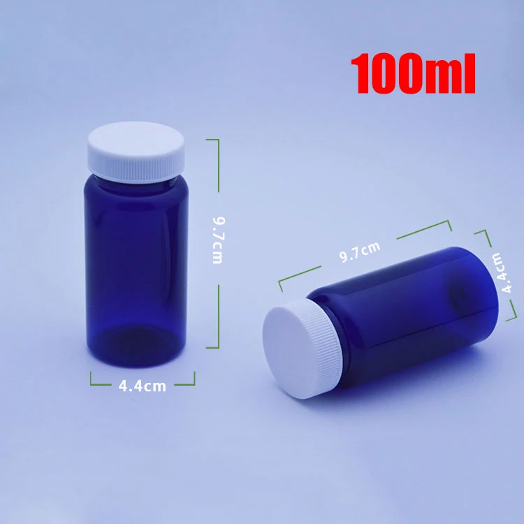 

100pcs 100ml Blue Color PET Medicine Bottle,Capsules/Pills/Powder/Vitamins Empty Plastic Bottles--White Flat Screw Caps