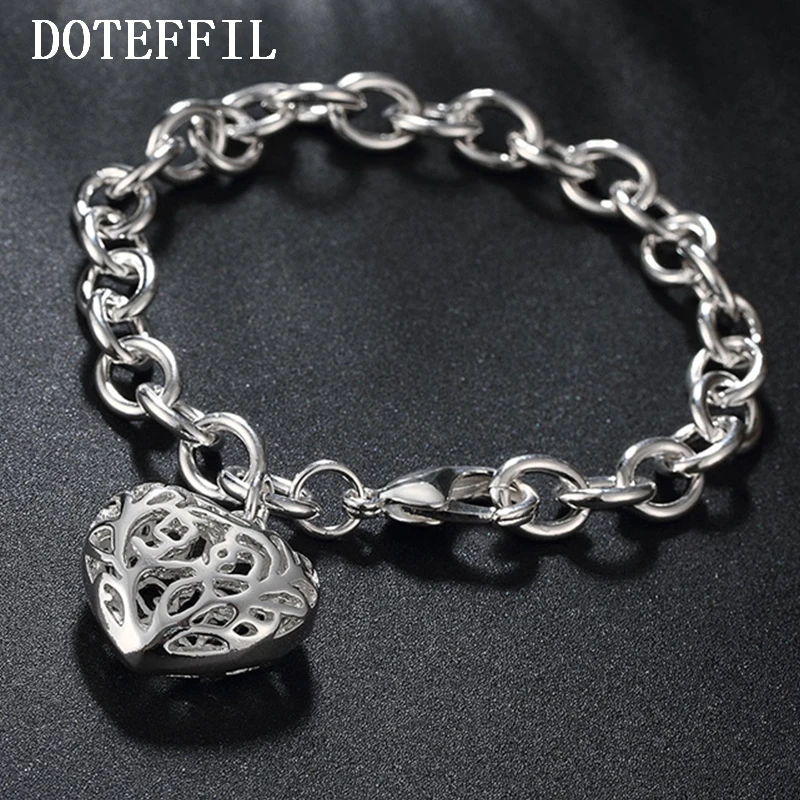 DOTEFFIL 925 Sterling Silver Hollow Heart Pendant Bracelet For Woman Wedding Engagement Fashion Party Jewelry Charm