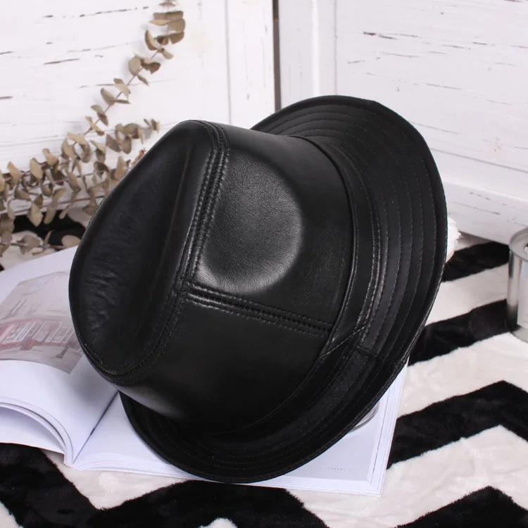 Winter Men's Jazz Fedoras Hat Gentlemen's Genuine Leather Sheepskin Hats Middle-aged Elderly Male Church Party Casual Cap H6950