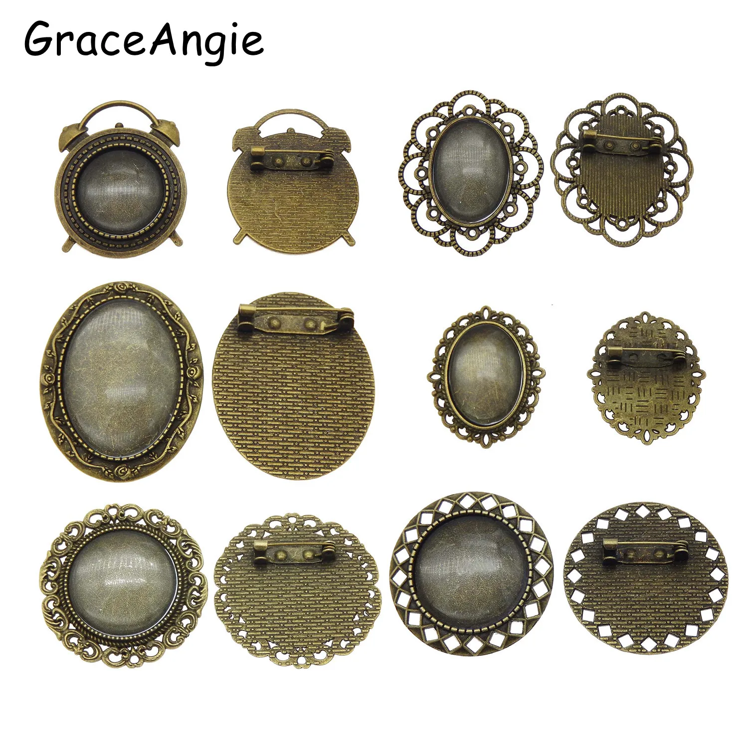 Round Brooch Set  Cabochon Blanks Trays with Brooch Pins Cameo Lace brooch pin base Clear Glass broche backing tray diy findings