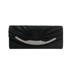 Hot Sale Pleated Drape Satin Clutch Bag Diamonds Crystal Evening Bag for Lady Woman Girl Female