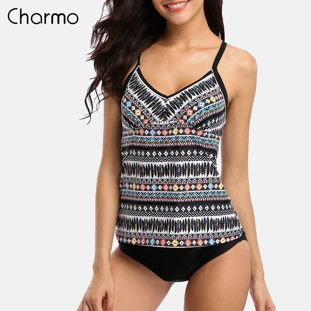 

Charmo Women Tankini Set Two Piece Swimwear Vintage Floral Printed Swimwear Back Cross Swimsuit Beachwear Bathing Suit Tankini