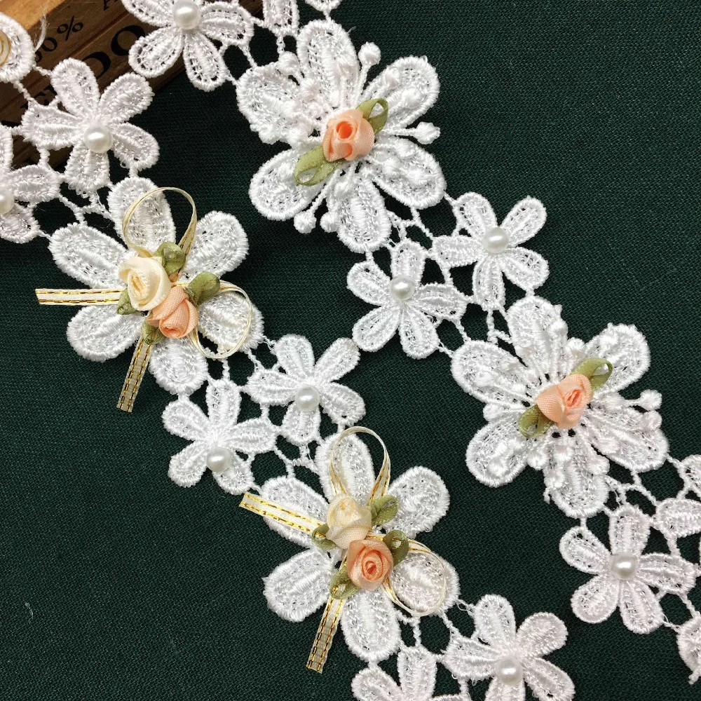 

1 Yard 3D Pearl Colorful Rose Flower Embroidered Lace Trim Ribbon Fabric Crochet DIY Garment Sewing Craft Wedding Dress Decor