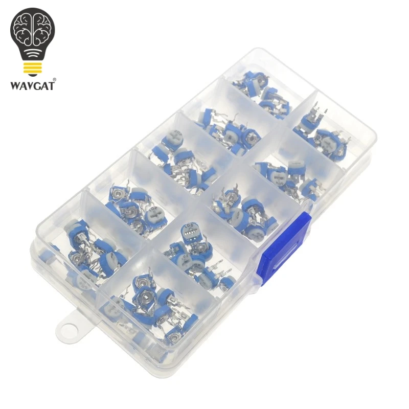 100Pcs/Box RM065 Carbon Film Horizontal Trimpot Potentiometer Assortment Kit 10 Values Variable Resistor 500R - 1M