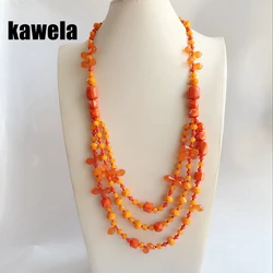 Orange Layered Beaded Necklace, Long Statement Necklace Pendant Jewelry Party