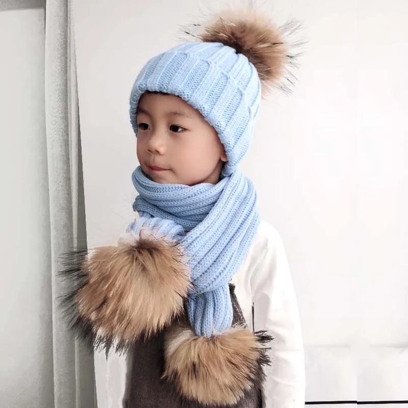 Kids Winter Hat Scarf Set Baby Warm Knitted Beanie Boys Girls Real Fur Pompom Hat For Children Winter Cap Skullies Beanies