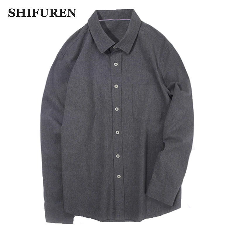 SHIFUREN Winter Warm Men Shirts Long Sleeve Thicken Brushed 100% Cotton Casual Male Dress Shirts Turn-down Collar Size S-XXXL