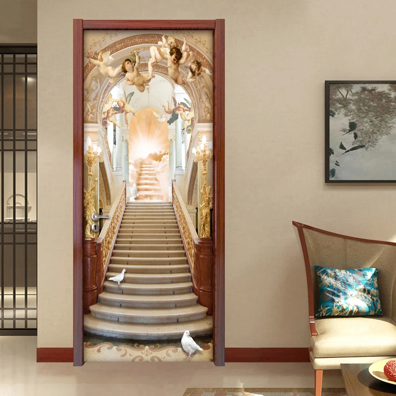 Angel Stairs European Style Living Room 3D Door Sticker Wall Mural Wallpaper PVC Waterproof Self-adhesive Door Stickers Painting