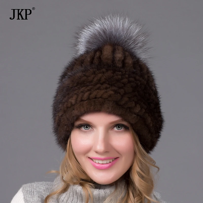 Real Natural Mink Fur Knitted Hats With Fox Fur Ball High Quality Earflap Hat Women Winter Warm Solid Caps BZ-10