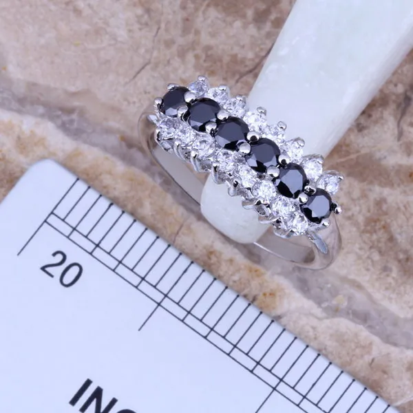 Fetching Black Cubic Zirconia White CZ Silver Plated Jewelry Sets Earrings Pendant Ring Size 5 / 6 / 7 / 8 / 9 / 10 / 11 S0157