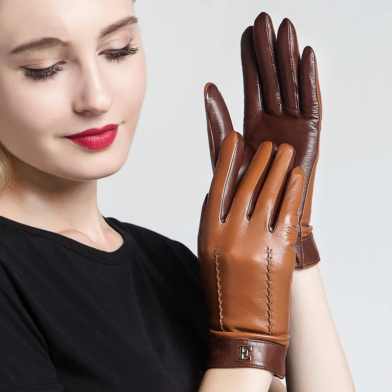 Genuine Leather Women Gloves Female Elegant Two Tones Sheepskin Gloves Autumn Winter Warm Plush Lined 3326