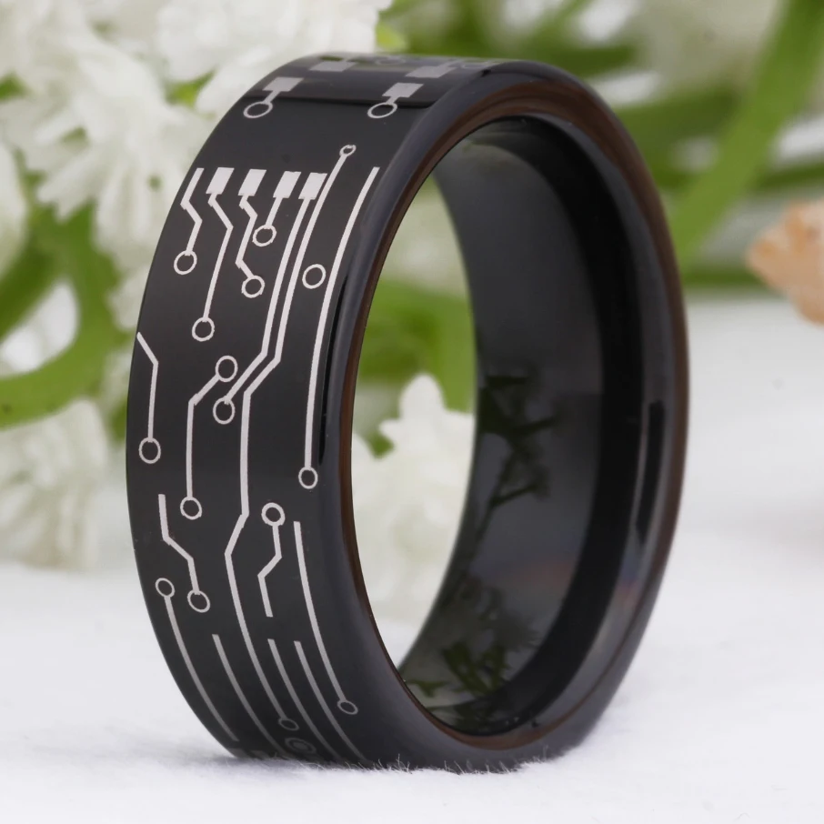 8MM Comfort Fit CIRCUIT BOARD DESIGN Ring Black Pipe Tungsten Wedding Ring Men's engagement ring Party Ring Men