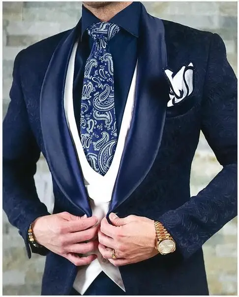 

One Button Navy Blue Paisley Groom Tuxedos Shawl Lapel Groomsmen Mens Wedding Prom Suits (Jacket+Pants+Vest+Tie) NO:251