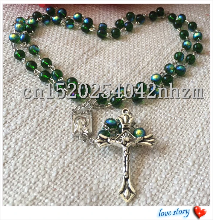 

6mm glass beads rosary necklace, catholic rosary icon rosary with alloy cross and rosary centerpiece