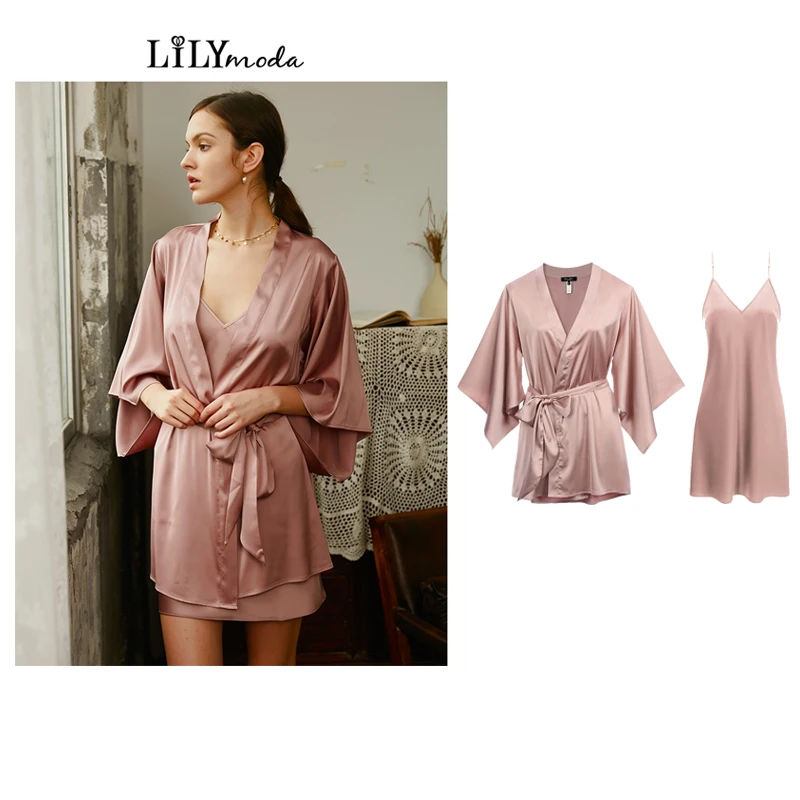 

Lilymoda Brand 2019 New Arrival Nightwear Satin Wedding Bridesmaid Robe Floral Bathrobe + Dress V Neck NightdressFor Women