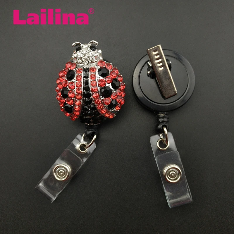 10pcs/lot Red Lady Bug Rhinestone Retractable Ladybug Badge Reel/ ID Badge Holder