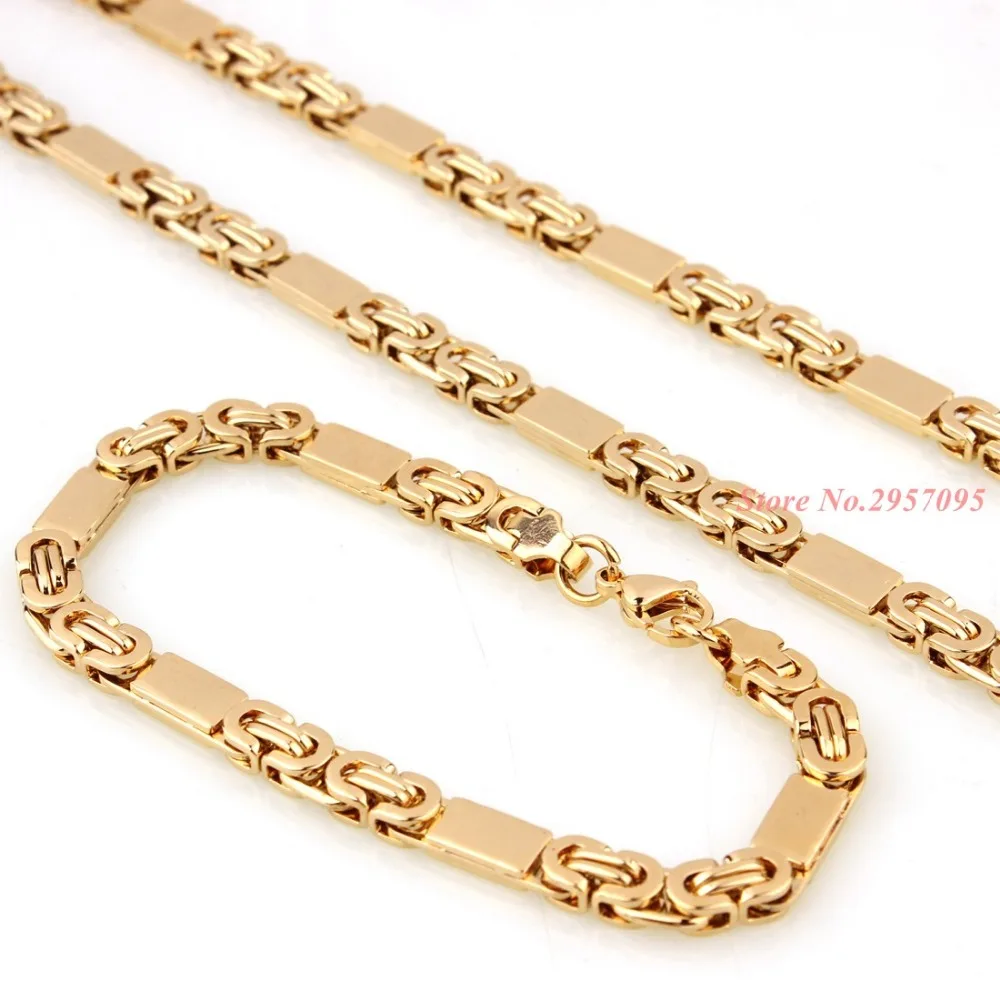 6mm 55cm/22cm set Men Bracelet Byzantine Link Chain Gold Tone Stainless Steel Necklace Bangle women punk rock jewelry cool gift