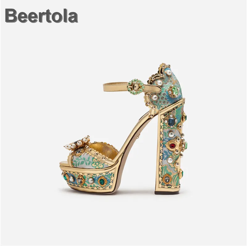 

Platform High Heels Sandals Women Beading Crystal Floral Gladiator Sandals Rivet Elegant Buckle Strap Cover Heel Summer Shoes