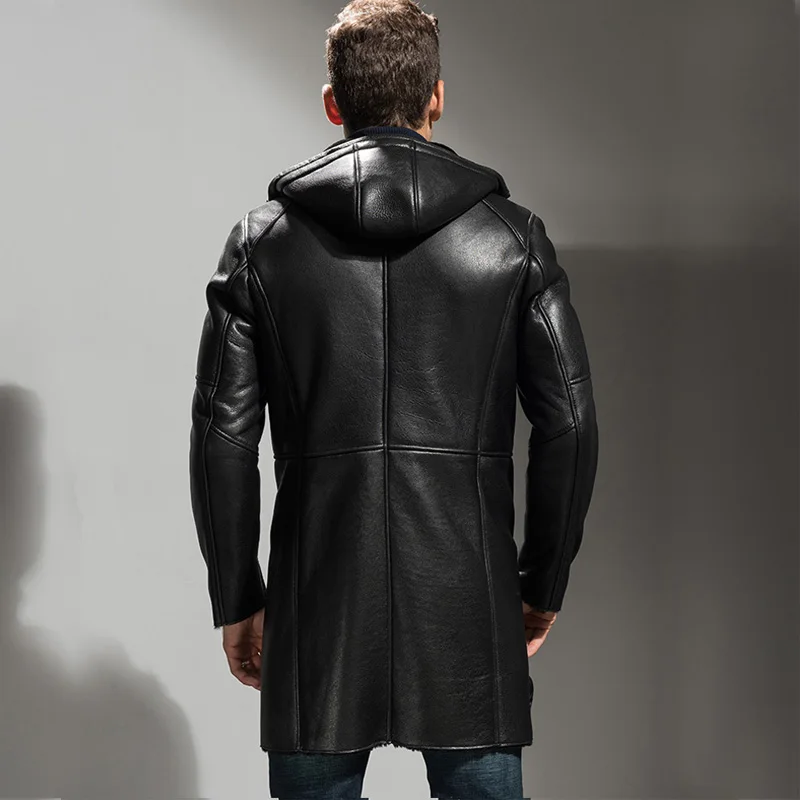 Denny&Dora Men's Shearling Coat Black Leather Jacket Oversized Parkas Long Sheepskin Outerwear Luxury Menswear Tj10