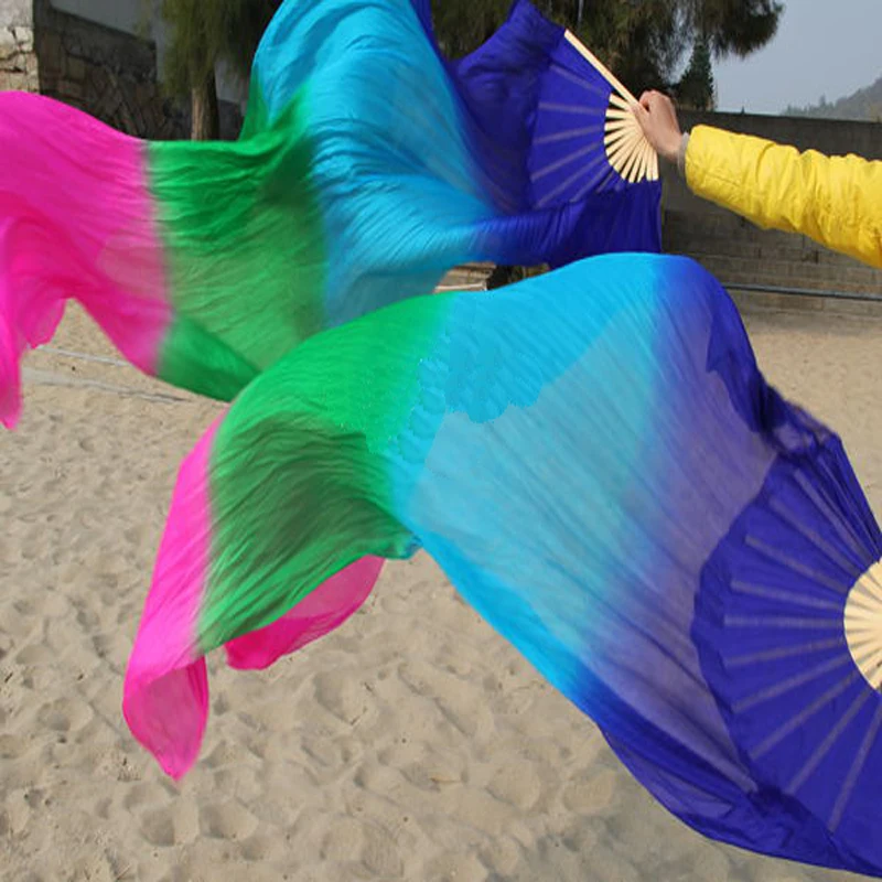 Nieuwe 1 paar/2 stks 100% chinese echte Zijde Fan Sluiers voor Buikdansen 4 kleuren gemengde dancing Stage Prestaties Props Lange Fans