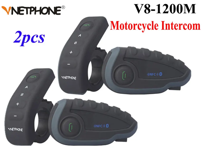 

2pcs Vnetphone V8 Motorcycle Helmet Intercom NFC Remote Control Bluetooth Interphone Headset 5 Rider 1200M Full duplex talking