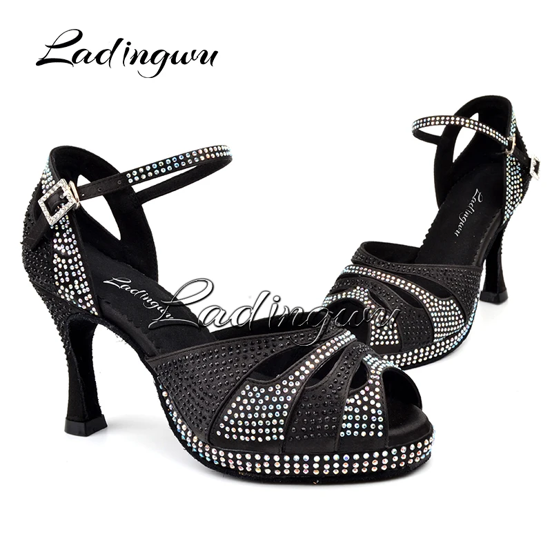 Sapatos de dança latina de plataforma alta para mulheres, salto alto, strass glitter, sandálias de salão cetim, saltos pretos, 9cm