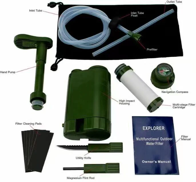 น้ำดื่มกลางแจ้งกรอง/แบบพกพา + ฟังก์ชั่นสำหรับ Explorer/กองทัพ/travel/expeditioner/ field activist/hiker