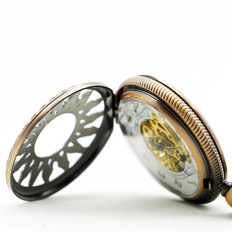 SHUHANG Red Sun Hollow Design Mechanical Pocket Watch Vintage Fob Chain Necklace Bracelet Pendant Clock Men's Best Gift
