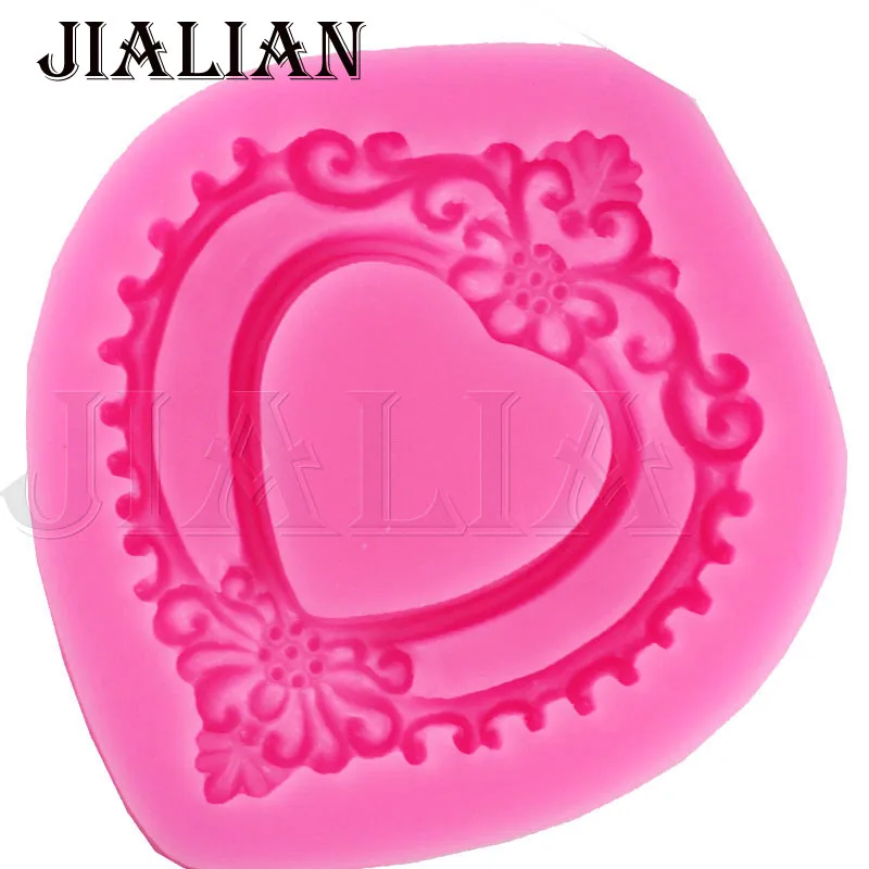 Hot Vintage Love Heart Shape Mirror Frame 3D Silicone Mold Fondant Chocolate Molds Cake Decorating Tools T0730