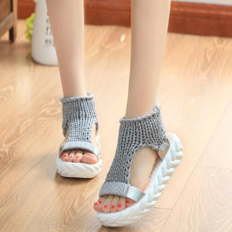 

Comfortable Casual Wool Women Summer Sandals Knit Platform Shoes Candy Color Wedges Sandalias For Women High Heel Summer Shoes