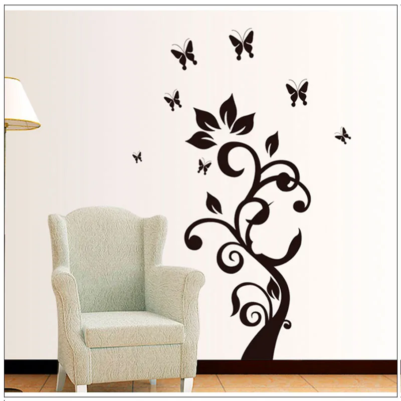 Large Black Rattan Tree Butterfly Wall Stickers For Living Room Vestibule Decorate Decals Removable PVC Home Decorations 60*90CM