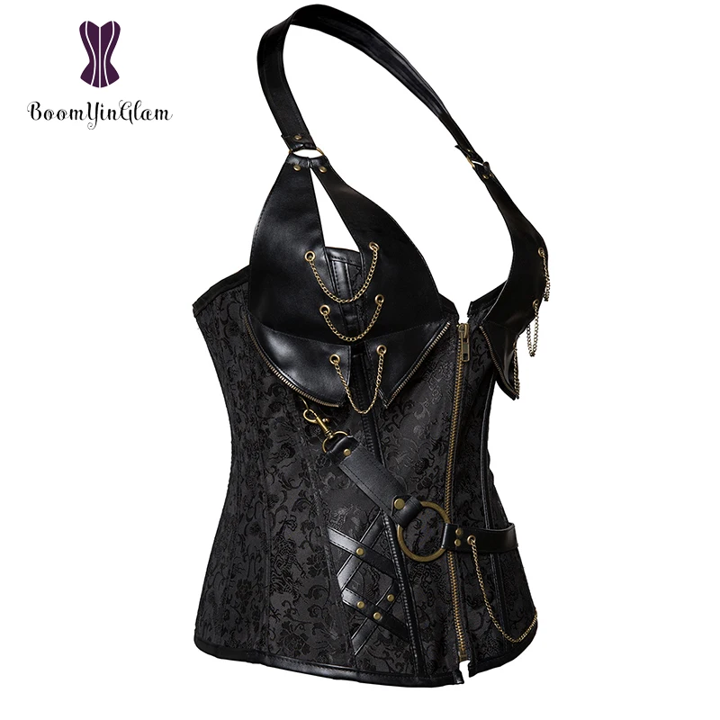 Plus Size Zip Up Sexy Shaper Spiral Steel Boned Steampunk Goth Halter Leather Bustier Corset S-6XL 908#