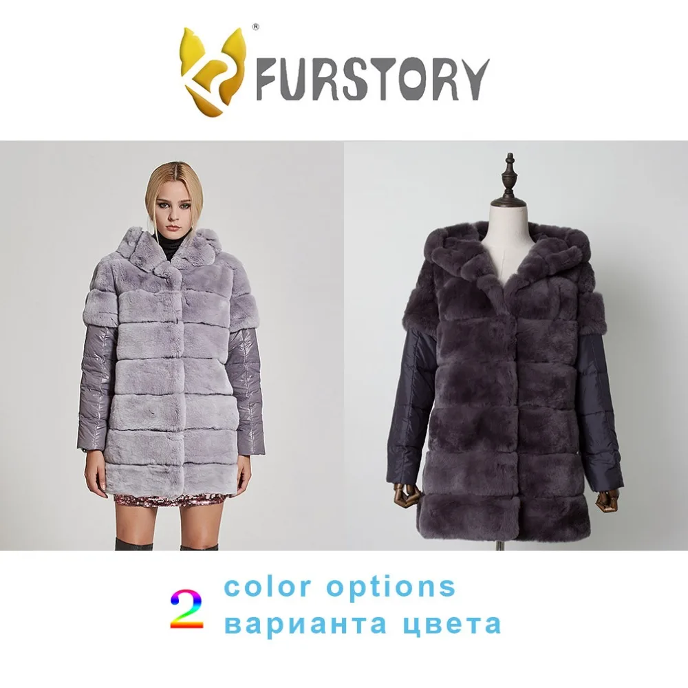 Women's Real Fur Coat Real Rex rabbit Fur Coat with Sheep Leather Sleeve Winter Leather Down Coat Fur Story 17153