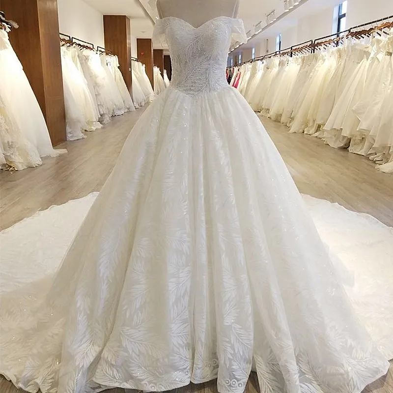 Beading chapel train wedding dresses white flower decoration pattern bridal gowndress  church wedding party robe de soiree