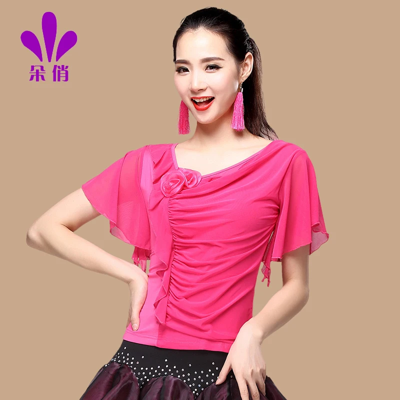 Camisa de baile cuadrada para mujer, ropa de baile de talla grande, manga corta, moda femenina, Rumba, Samba, novedad de verano, abrigos de baile, B-4342