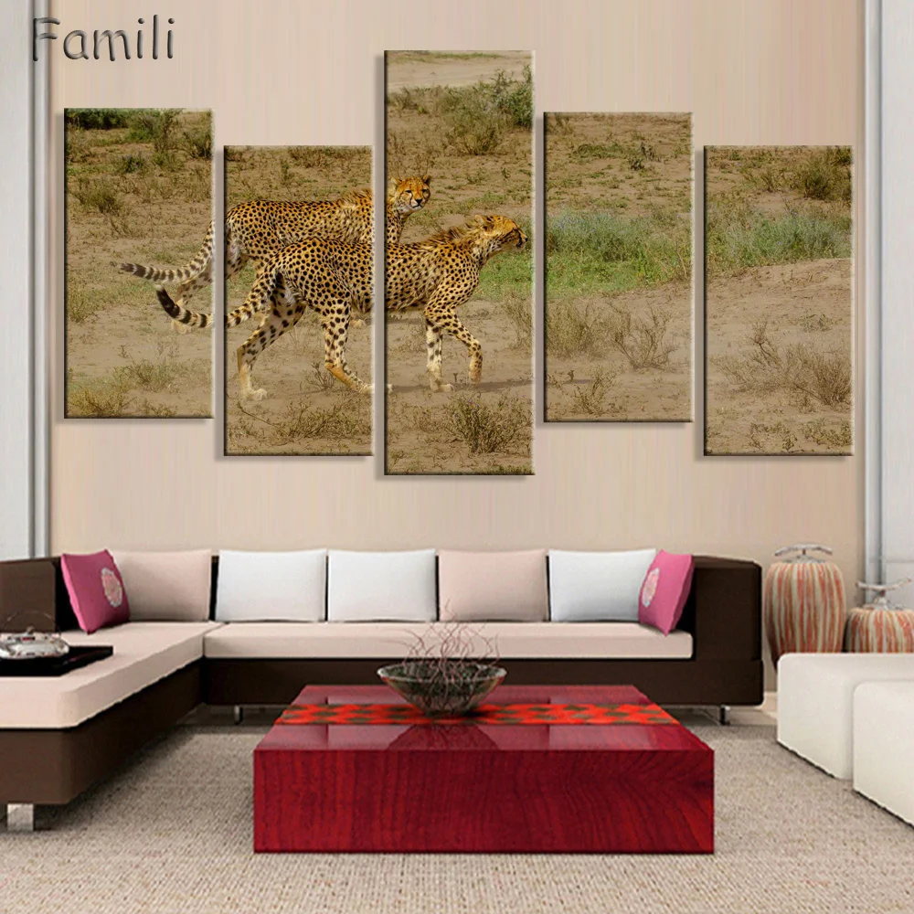 5 Panel modern wall paintings of animals cheetah leopard home decor painting canvas art prints bedroom decoration pictures