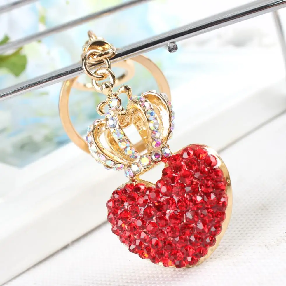 Lovely Crown Red Heart Keyring Cute Rhinestone Crystal Charm Pendant Key Bag Chain Women Jewelry Birthday Party Gift