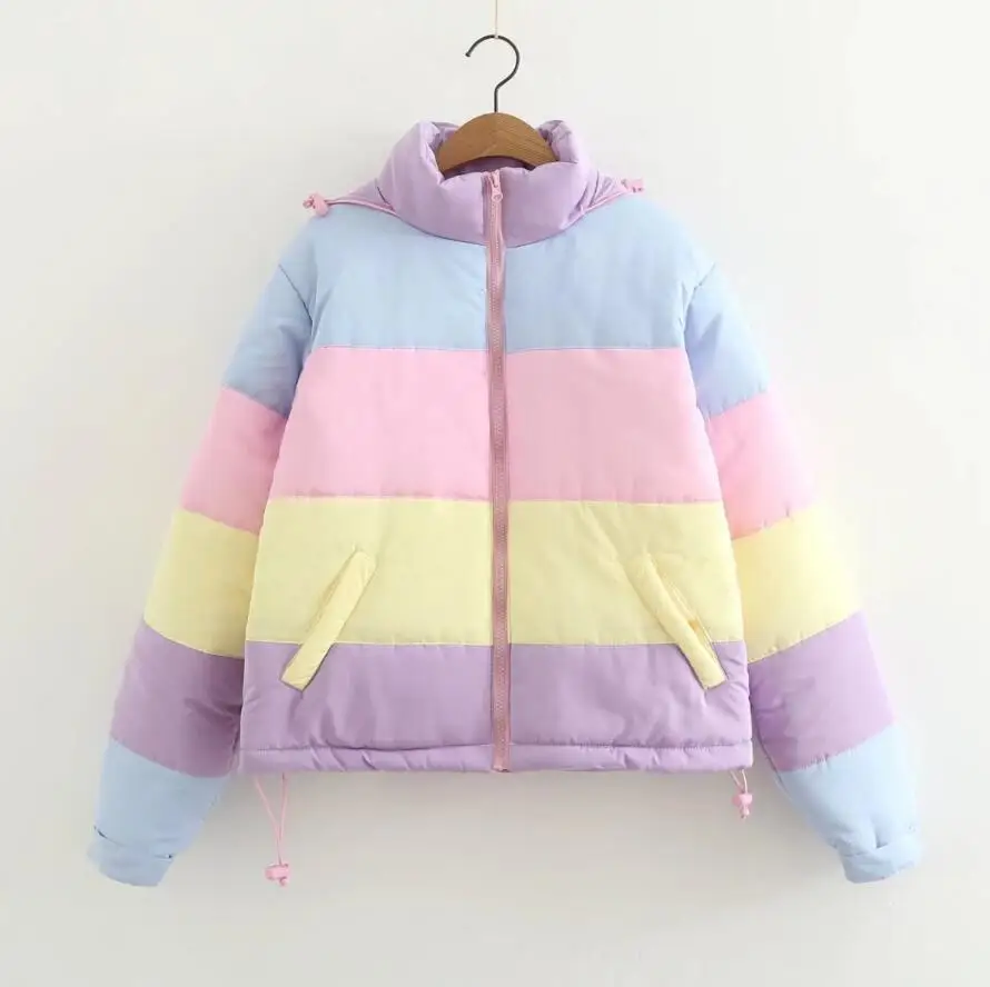 

winter girls vintage Macaron Rainbow Splicing Color hooded warm coat female