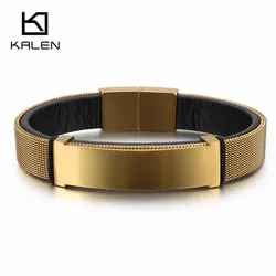 Kalen Stainless Steel 20.5cm Mesh Chain Bracelet For Men Women Shiny Charm Wrap Leather Bracelet Hip Hop Jewelry