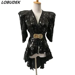 Punk Style Black Sequins Swallowtail Jacket Swallow-tailed Coat Jazz Dance Performance Clothes Women Singer Dancer Stage Costume