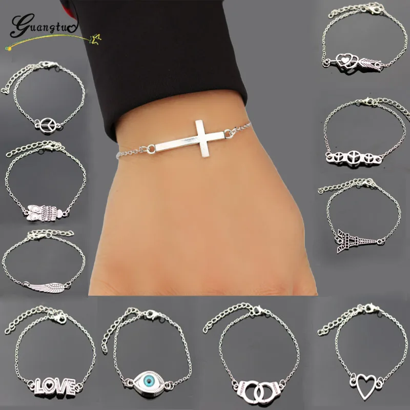 1Pcs Trendy Charm Bracelets Link Chain Bracelet Bangle Cross Heart Handcuff Love Peace Eye Valentine\'s Day Gift Fashion Jewelry